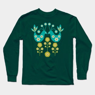 LOVE BIRDS Folk Art Mid-Century Modern Scandi Floral With Birds Flowers Feathers in Turquoise Cream Green Yellow - UnBlink Studio by Jackie Tahara Long Sleeve T-Shirt